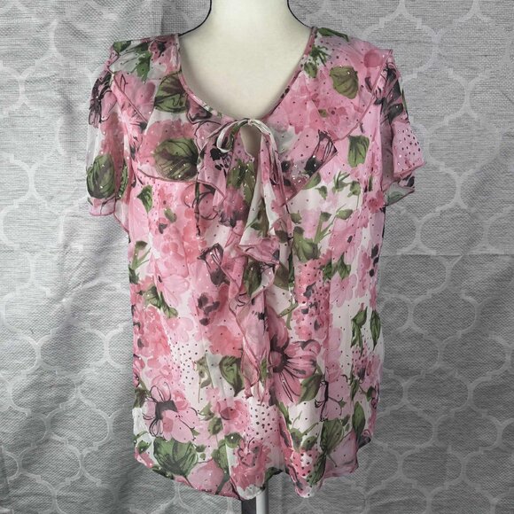 Dressbarn Woman Pink Floral Ruffle Tie Neck Blouse Size 14/16 - Picture 1 of 8